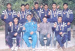 The Delhi University team, which retained the All India Inter-University Bodybuilding Championship at SGTB Khalsa College, Anandpur Sahib.