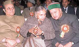 Dr Karan Singh, MP, Rajya Sabha, Delhi Chief Minister Sheila Dikshit and Himachal Pradesh Chief Minister Virbhadra Singh at �Himachali Milan� in the Capital on Thursday.