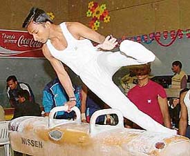 Ravi Kumar Gupta (Bihar) on the pommelled horse at the 44th Senior National Gymnastics Meet in Mohali on Saturday.