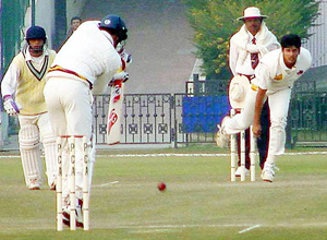 Mumbai seamer Swapnil Hazare bowls to Punjab wicketkeeper Chandan Madan on the penultimate day of the Ranji Trophy match at the PCA Stadium at Mohali on Saturday. Hazare claimed three wickets.