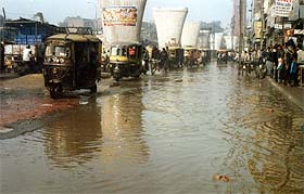 The flooded road leading to the railway station from Ghanta Ghar chowk in Ludhiana