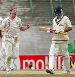 Australian pace bowler Nathan Bracken exults after dismissing Indian captain Sourav Ganguly