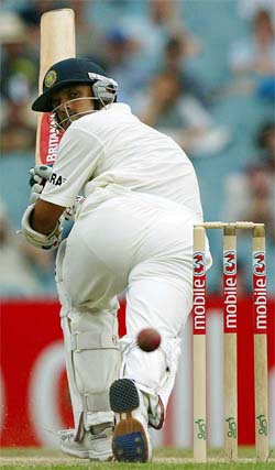 Inida's Rahul Dravid plays a ball off his legs for a boundary on the fourth day of the third Test against Australia 