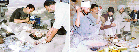 Swaran Singh, a tandoor wala in Sector 18, uses iron rods to pick chapatis from the tandoor and (right) customers wait eagerly as Narinder Singh, in Sector 19 in Chandigarh, takes out � hot paranthas� from the tandoor.