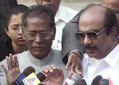 MDMK ministers Gingee N. Ramachandran and M. Kannappan talk to mediapersons outside the Prime Minister�s residence
