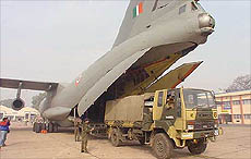 Relief material being loaded on an Indian Air Force IL76 aircraft for earthquake-affected Iran