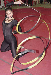 Rajni Sharma of Punjab displays her perfection in the ribbon rhythmic event 
