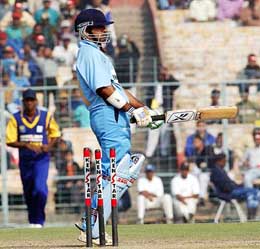 Gautam Gambhir reacts after he was declared out 