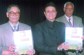 (Left to Right) Professor G.K.Chadha, Vice-Chancellor, JNU, Dr Karan Singh, MP, Rajya Sabha, and Mr N.N. Vohra, Representative of Government of India for Jammu & Kashmir, at the release of the book, Discovery of Kangra