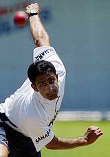 Anil Kumble sends down a delivery during a team practice session at the Sydney Cricket Ground 