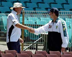Australian captain Steve Waugh is greeted by Indian coach John Wright at the Sydney Cricket Ground 