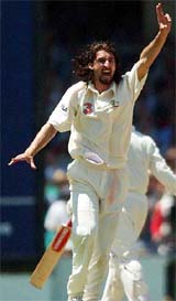 Australian bowler Jason Gillespie appeals successfully to dismiss Virender Sehwag for 72 runs on the first day of the fourth Test