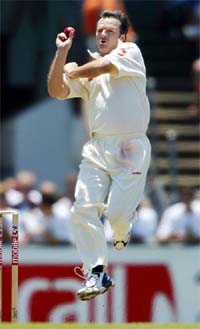 Steve Waugh bowls during the first day of the fourth Test