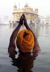 A devotee takes a holy dip in the Sarovar of Golden Temple on the eve of Gurpurb