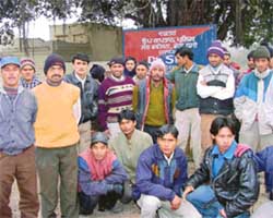 Members of the Nepali Jan Adhikar Suraksha Samiti, Patiala, gather in front of the DSP�s office in Mubarikpur on Monday, demanding the arrest of Rakesh Kharbanda, from whom Lura, a 10-year-old Nepalese boy