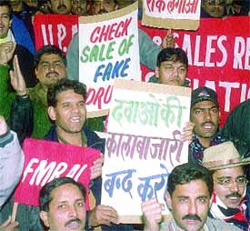 Medical representatives protesting against the sale of fake drugs at Jantar Mantar