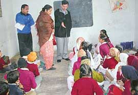 Mr Anurag Verma, Deputy Commissioner, Ludhiana, at a primary school at Mundian Kalan during a surprise visit on Thursday.