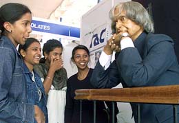 Girls admire a life-size wax statue of President Dr A.P.J. Abdul Kalam in Bangalore
