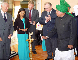 Haryana Chief Minister Om Prakash Chautala lights the traditional lamp at the inauguration of the office of Ericsson by Swedish Prime Minister Goran Persson in Gurgaon on Friday.