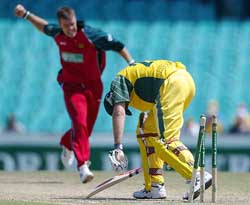 Zimbabwe's Heath Streak celebrates after dismissing Australia's Matthew Hayden for 14 runs 