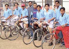 Members of the UT junior cycle polo team practise at DAV Senior Secondary School, Sector 8, Chandigarh