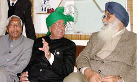 Mr Om Parkash Chautala, Chief Minister, Haryana; Mr Parkash Singh Badal, former Punjab Chief Minister; and Mr Chiranji Lal Garg, former Punjab Cabinet minister