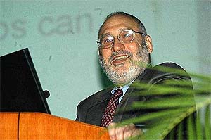 Nobel laureate and American economist Joseph E Stiglitz addresses a workshop on IT and Communication Technology for Sustainable Development