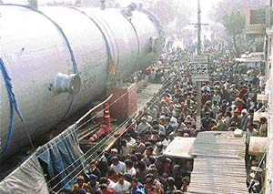 People from all over Bhiwani converged along the railway line to watch the massive trawlers from Kandla port as they made their way to the Panipat refinery
