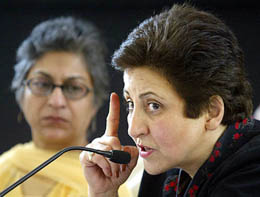 Pakistan human rights activist Asma Jehangir listens to Iranian Nobel Peace Laureate Shirin Ebadi during a media briefing at the World Social Forum in Mumbai on Saturday.