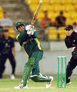 Pakistan's Abdul Razzaq hits a six during his brisk knock of 89