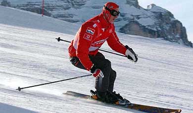German Formula One driver Michael Schumacher speeds down the course in Madonna di Campiglio, Italy, on Friday