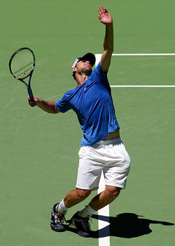 World number one Andy Roddick of the US serves during a practice session in Melbourne 