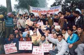 Students and employees of the ITI organise a protest in support of their demands in Ludhiana on Monday.