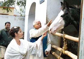 RJD chief Laloo Prasad Yadav shows his horse to Bollywood actress Manisha Koirala 