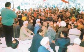 The Ludhiana East MLA, Mr Surinder Dawer, addresses a protest rally by members of the Steel Consumers� Forum
