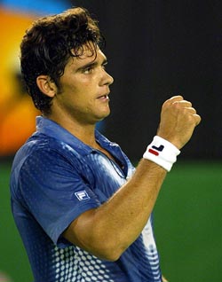 Mark Philippoussis of Australia celebrates his 7-6, 6-2, 7-6 win over Thomas Johansson of Sweden