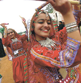 Dancers from Gujarat during the Press preview of the 'Tableaux' for the Republic Day parade in the Capital