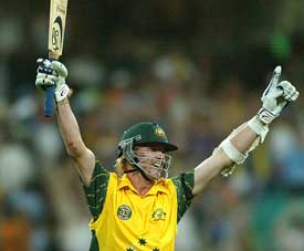 Brett Lee of Australia celebrates after hitting the winning run against India 