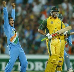 Indian captain Sourav Ganguly celebrates after dismissing Andrew Symonds of Australia 
