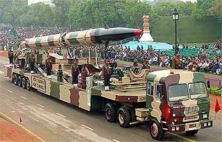 An Agni-II missile being displayed during the dress rehearsal for the Republic Day parade at Rajpath