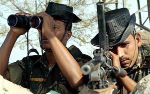 Border Security Force jawans keep vigil at the India-Pakistan border near Atari