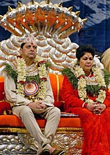 Nepal's King Gyanendra with Queen Komal, after being felicitated by the World Hindu Federation