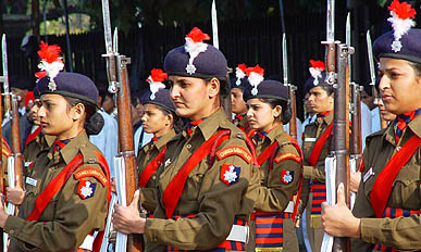 Women cops of the Chandigarh Police rehearse for the Republic Day Parade in bright sunshine at Parade Ground