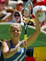 Belgium's Kim Clijsters celebrates her third round victory over Russia's Dinara Safina 