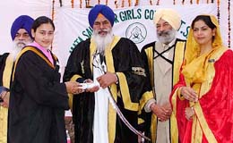 Jathedar, Takht Shri Damdama Sahib, Giani Balwant Singh Nandgarh confers a degree on a student at the convocation of Mata Sahib Kaur Girls College at Talwandi Saboo on Saturday. 