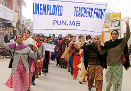 Activists of the Berojgar Adhyapak Front, Punjab, during a rally at Bathinda on Sunday.