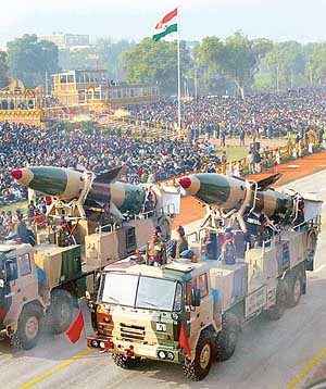 Prithvi missiles being paraded during the Republic Day parade in New Delhi on Monday.