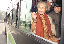 Chief Minister Sheila Dikshit and her colleague Haroon Yusuf on the mega bus of the future