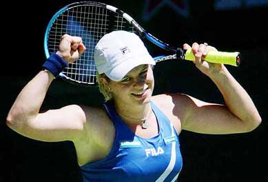 Belgium's Kim Clijsters celebrates after her quarterfinal win over Russia's Anastasia Myskina at the Australian Open