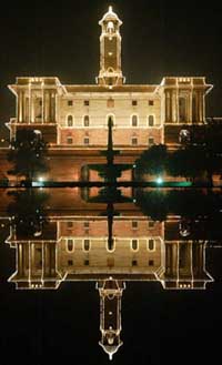 Indian Defence Ministry is illuminated during the 'Beating the Retreat' ceremony in New Delhi 